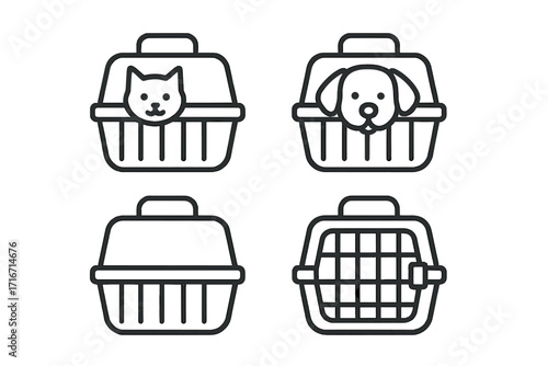 Pet carrier icons set for cat and dog transportation. Minimalistic line art design of a pet travel crate and kennel. Vector illustration for a vet clinic, pet shop, or animal care.