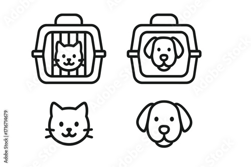 Pet carrier icon set for cat and dog transportation. Minimalistic line art vector illustration for travel, veterinary, and pet care services. Animal transport and safety symbols.
