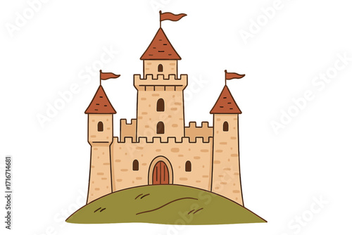 Fairytale castle vector illustration. Medieval kingdom palace icon. Fortified fortress with towers. Ancient historical landmark for fantasy story. Cute cartoon fort on a hill.