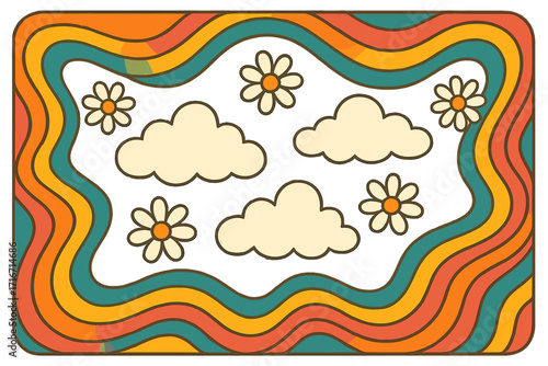 Retro groovy background with fluffy clouds and daisy flowers, abstract wavy rainbow frame, bright orange yellow teal colors, vintage cute vector, 1960s hippie boho psychedelic nature art
