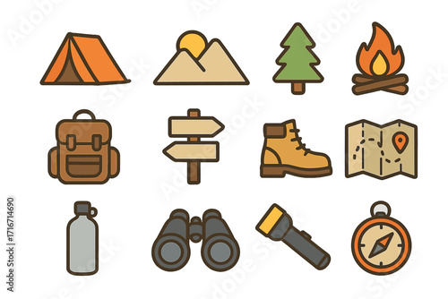 Outdoor adventure icon set featuring minimalist camping, hiking symbols and gear essentials, forest nature, navigation, backpack, fire, mountain, tent, boots, binoculars, map, compass, flashlight