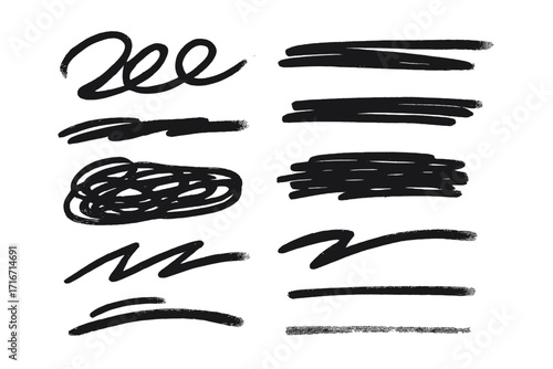 Grunge scribble lines set. Vector graffiti doodle strokes and sprayed squiggle lines. Black ink sketch underline, strikethrough, scribbles, scratches, marker art, texture, abstract elements.