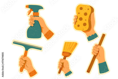 Spring cleaning vector elements set. Hands holding spray, sponge, scraper, brush. Vintage halftone collage paper texture illustration. Household chores tools collection concept.
