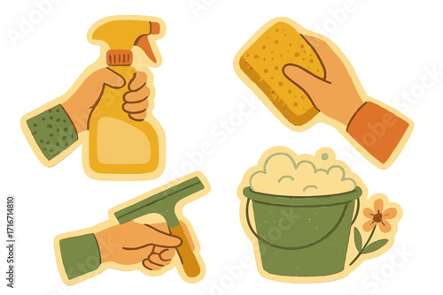 Spring cleaning retro sticker set. Hands hold spray, sponge, window scraper for hygiene. Household chores concept with vintage paper texture. Cute vector cartoon illustration.