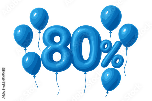 Eighty percent off discount, 3D blue balloons composition. 80% mega sale promotion symbol for advertising. Sale banner, poster for retail, holiday, marketing and shopping.