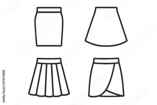 Minimalist linear skirt icons set. Vector illustration showing different skirt styles, fashion design elements outline, transparent background, garment silhouettes, trendy clothing collection