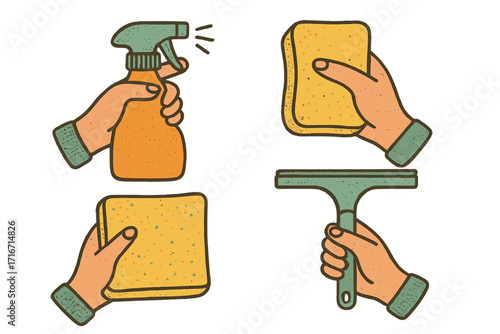 Cleaning service elements. Hands with spray bottle, sponge, squeegee. Housekeeping, chores, hygiene. Disinfection concept. Retro vintage halftone cartoon vector illustration.