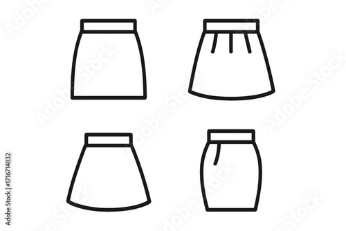 Minimalist linear skirt icons collection. Vector fashion skirt illustration set. Cartoon outline silhouettes: pencil, A-line, pleated, flared. Modern wearable clothing. Transparent background design