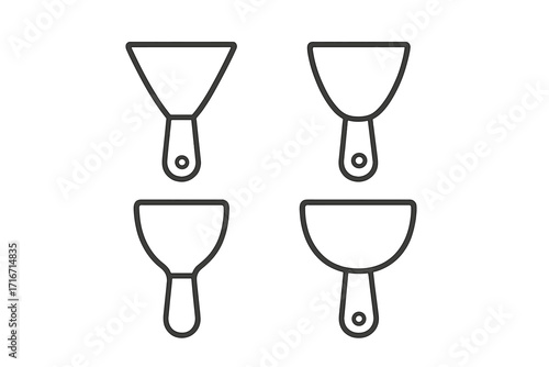 Minimalist putty knife icon set. Simple outline style painting tools collection. Vector illustration for construction, renovation, repair. Clear transparent background, ordered spatula set design.