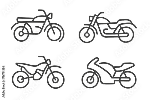 Minimalist motorcycle outlines vector set, black and white modern bike silhouettes, cartoon illustration, transparent background, various motorcycle types, linear sketch, collection for design