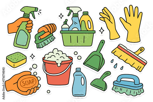 Spring cleaning vector sticker set. Halftone collage of cleaning products and tools. Household chore icons like spray, brush, soap, gloves, bucket. Housekeeping hygiene concept.