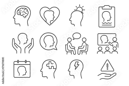 Mental health icon set for psychology, psychotherapy and counseling. Thin line editable stroke icons showing brain, support, awareness, therapy, stress and emotional wellness.