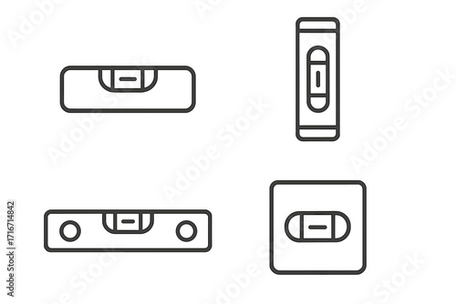 Linear spirit level icons set, minimalist black and white vector illustration, engineering tool, building construction measurement, technical equipment, quality control, ordered isolated collection