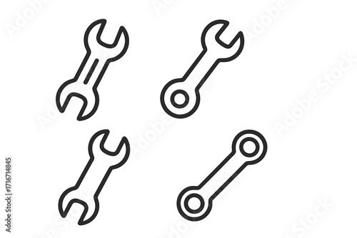 Linear wrench icons set for tools and maintenance, outline mechanic spanner collection, repair equipment illustration, cartoon vector on transparent background, workshop hardware, construction concept