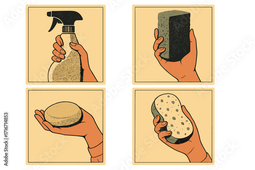 Spring cleaning set vintage halftone collage style. Female hand holding cleaning spray, sponge and soap. Retro housekeeping concept. Household chores vector illustration kit.