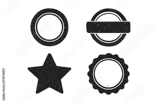 Grunge stamp vector set. Collection of blank retro badges and vintage emblems. Distressed circle, star, and seal shapes for logos. Old texture insignia and label frames.