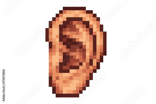 Pixel art human ear icon for hearing or listening concepts. Realistic anatomy in retro 8-bit video game style. Isolated vector illustration for medical or gaming design.