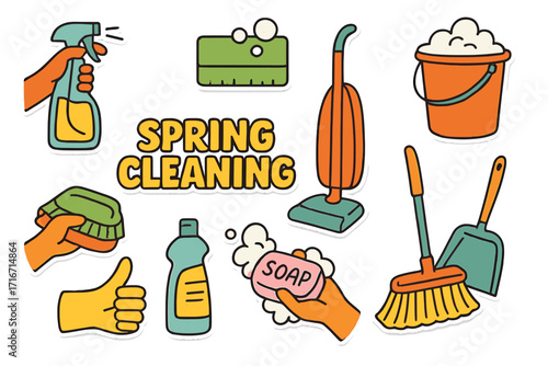 Spring cleaning sticker set. Retro household chores collage. Vector icons of cleaning tools, products. Disinfection service symbols. Hand with spray, soap, brush, broom.