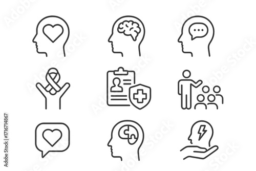 Mental health awareness and psychology support icon set. Editable stroke line icons for psychotherapy, workshop, education, therapy, brain puzzle, emotion, and medical insurance.