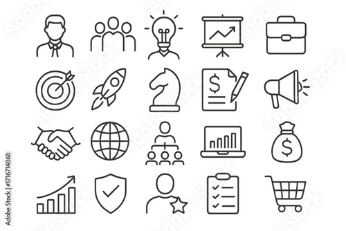 Modern business and corporate icon set. Thin line editable stroke icons for entrepreneur, marketing, startup, leadership, strategy, finance, success, teamwork and e-commerce.