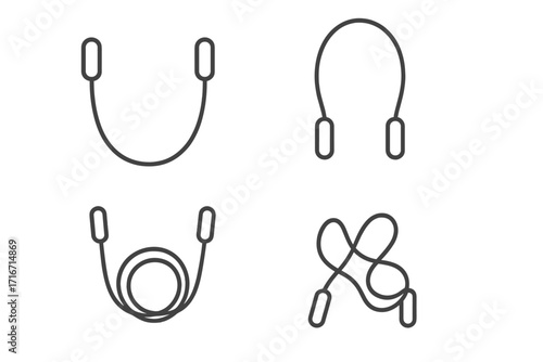 Minimalist jump rope icon set. Thin line fitness equipment. Simple outline cartoon illustration. Sports training gear. Skipping rope isolated. Exercise, workout, gym, active lifestyle vector graphic.
