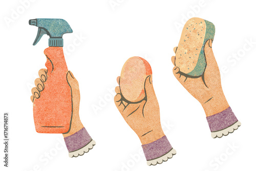 Spring cleaning vector set in trendy vintage halftone collage style. Female hands holding spray bottle, sponge, and soap. Cute retro housekeeping concept for hygiene.