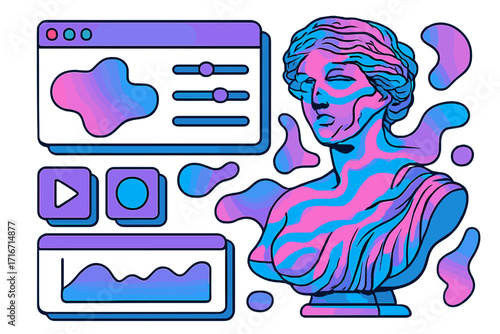 Vaporwave aesthetic surreal collage with ancient Greek statue and retrofuturistic user interface elements. Abstract vector illustration with distorted liquid blobs and web design.