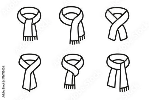 Minimalist scarf vector set with six cartoon outline styles, accessory fashion illustration, winter clothing design elements, clean trendy bundle, transparent background, cozy collection