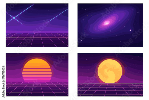 Trendy retro 80s, 90s backgrounds collection. Neon sci-fi synthwave landscapes with laser grid, digital sun, moon, and space galaxy. Abstract futuristic vector templates.