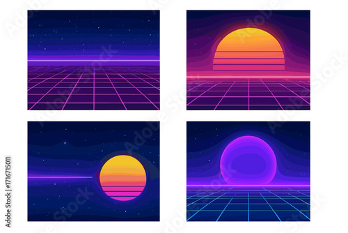 Synthwave retro 80s backgrounds set. Neon sci-fi futuristic digital landscape with laser grid, sun, moon, and stars. Abstract 90s outrun style vector templates collection.