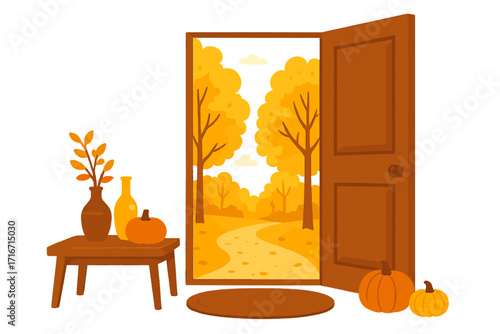 Open door to autumn landscape. Cozy home interior with pumpkins and fall decor. Seasonal vector illustration of a park with yellow trees and a path. Welcome fall concept.