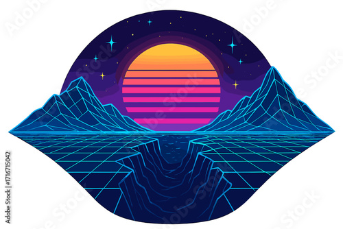 Retro 80s synthwave vector landscape featuring vibrant blue grid mountains, neon canyon, glowing striped sun, arcade night sky with stars, futuristic outer space scene, digital cartoon illustration