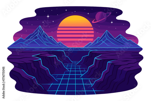 Vibrant synthwave 80s retro futuristic landscape with glowing sunset, neon grid canyon, blue mountains, arcade starry space sky, Saturn ringed planet, cyber vaporwave vector illustration
