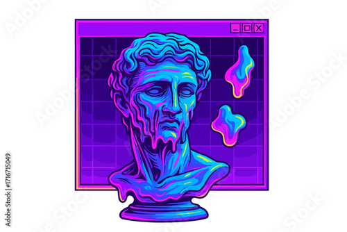 Vaporwave futuristic cyberpunk distorted face of antique statue. Synthwave style poster with vibrant holographic melting figures and old PC pop up window. Trendy retro wave.
