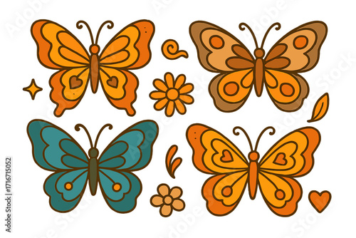 Retro butterflies set. Groovy 70s sticker collection. Hippie aesthetic element. Hand drawn vector illustration. Cartoon insect, flower, heart. Nostalgic Y2K clipart.