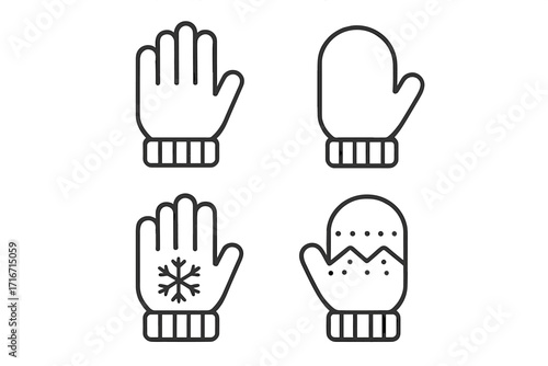 Winter glove icons collection in modern linear style for seasonal projects. Cartoon vector illustration with transparent background. Includes mittens and gloves, snowflake, pattern, cold weather.