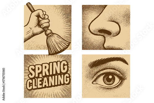 Spring cleaning vector concept illustration set. Vintage halftone collage with hand holding broom, eye and nose. Retro design for banners or social media posts about chores.