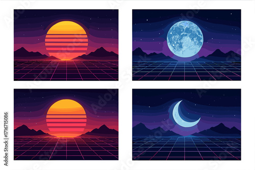 Vintage 80s synthwave grid landscapes set. Retro futuristic backgrounds collection with sun and moon in space. Neon cyber digital world vector illustration for poster.