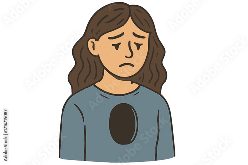 Sad woman with empty chest metaphor for depression and grief, illustrated isolated character, feeling emotional distress, sorrow, mental health, loneliness, sadness, mourning, psychological struggle
