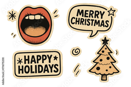 Merry Christmas and Happy Holidays retro sticker pack. Vintage paper collage with open mouth, speech bubble, and Christmas tree. Halftone doodle elements for festive design.