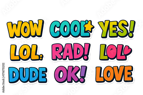 90s retro slang sticker set. Pop art lettering collection of popular words like wow, cool, lol, rad, dude. Vector cartoon comic speech bubbles for patches and pins.