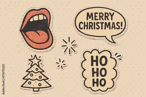 Retro Christmas sticker pack. Vintage paper collage with halftone open mouth, speech bubble, Christmas tree. Doodle elements and holiday wishes for festive trendy design.