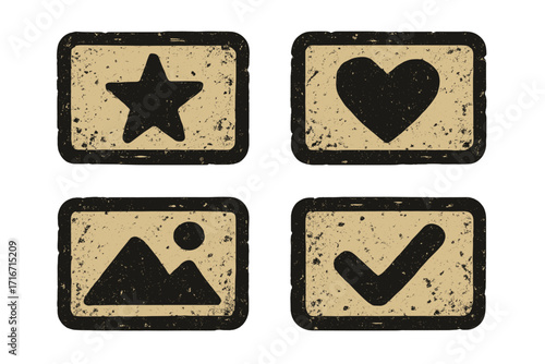 Grunge stamp icon set. Vector illustration of retro web buttons with star, heart, image, and checkmark symbols. Textured badges for favorite, like, and approval.