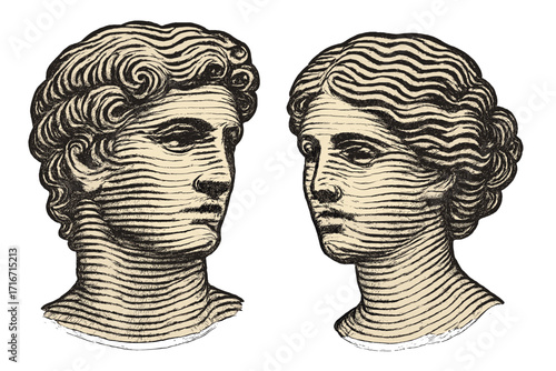 Trendy vintage halftone art. Ancient classical marble male and female faces in wavy line style. Romantic couple concept for love, relationship, psychology, duality. Vector.