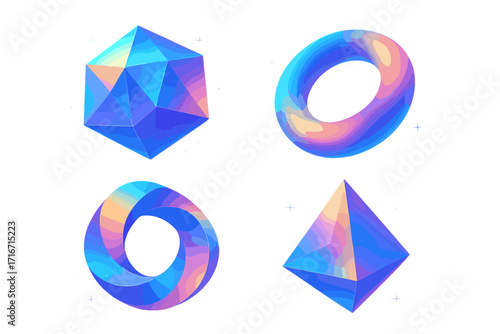 Vibrant holographic 3D shapes set. Abstract geometric elements with iridescent gradient. Futuristic crystal, torus, pyramid icons for technology, crypto, and science design.