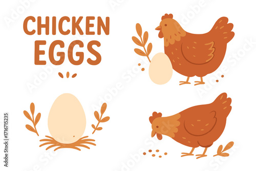 Cute chicken and eggs illustration set. Cartoon hen, egg in nest, and poultry farm elements. Vector graphic collection for organic food, Easter, or natural farming concepts.