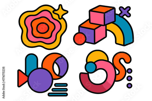 Y2K abstract retro geometric shape cover template. Contemporary figure and bubble in 70s graffiti style. Bauhaus Memphis design element for banner, sticker, prints, and posters.