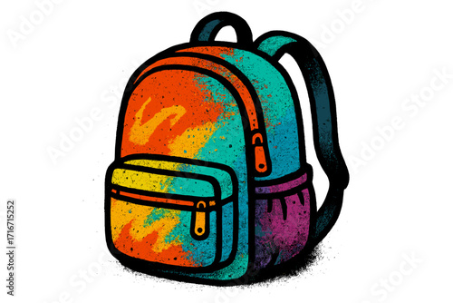 90s urban graffiti backpack vector illustration. Colorful spray paint texture on a retro rucksack. Isolated cartoon design for back to school, student travel, and hip hop style.