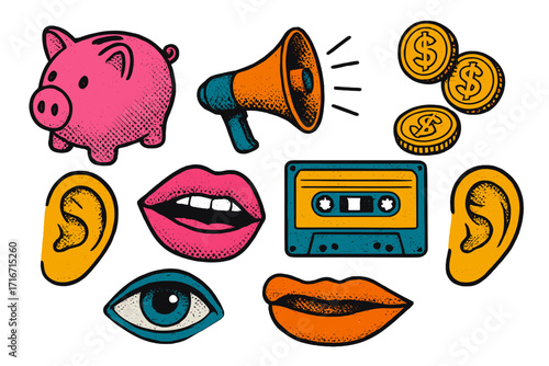Y2K halftone collage elements set. Retro 90s pop art style icons for mixed media design. Piggy bank for savings, loudspeaker, coins, cassette, ear, mouth and eye shapes.