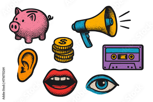 Retro Y2K pop art icon set. Halftone collage elements. Piggy bank savings, megaphone announcement, money, music cassette, eye, ear, mouth. Vector communication concept.